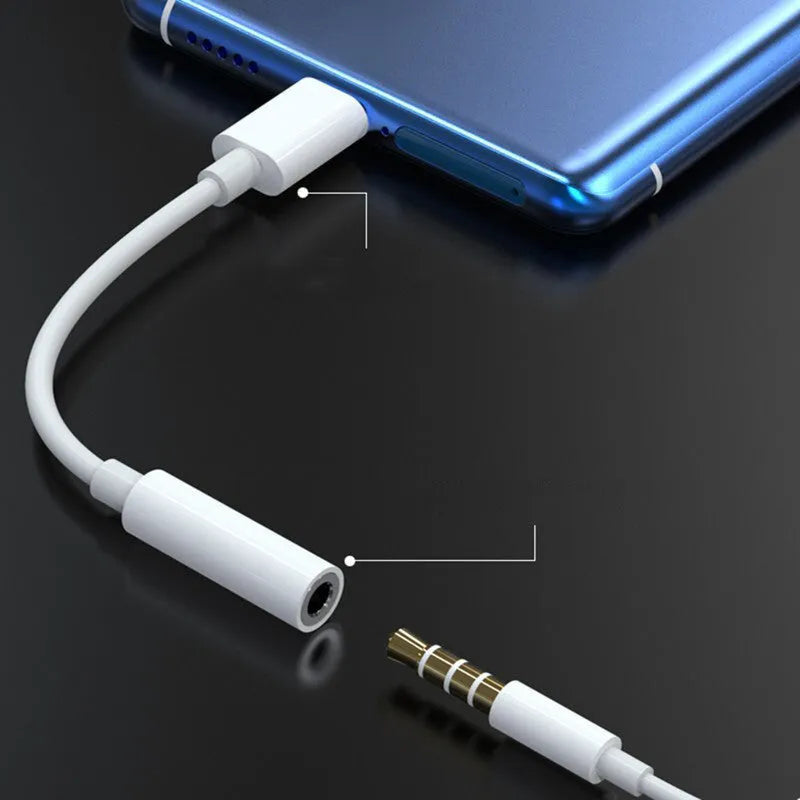 White USB-C to 3.5mm digital audio adapter cable with copper core, ABS connectors, and TPE cable body for Huawei Xiaomi HTC smartphones