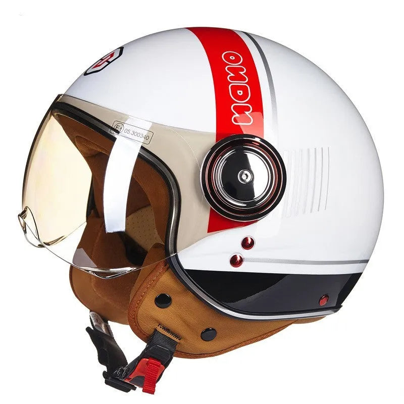 Retro battery car half helmet in ABS plastic showing colour options including bright blue red and matte black orange