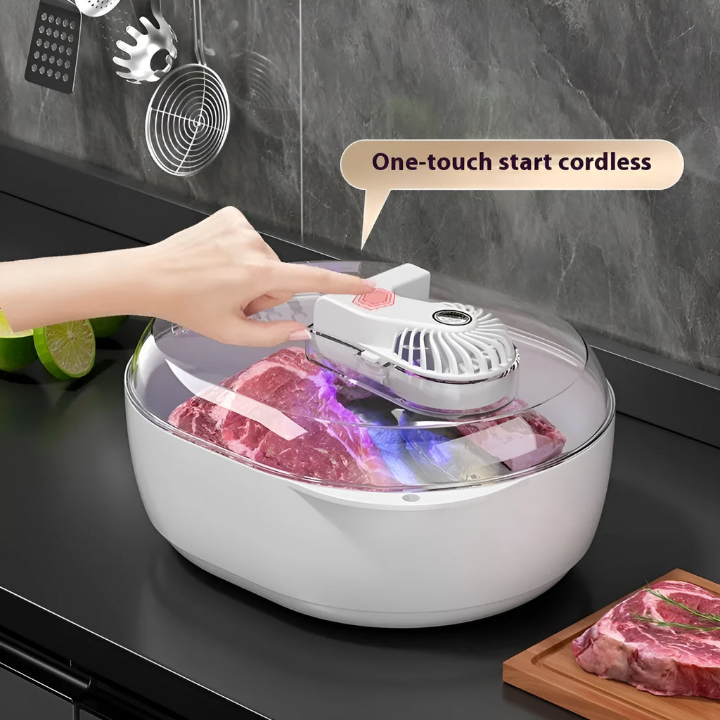 Aluminium household food defrosting plate on a kitchen countertop