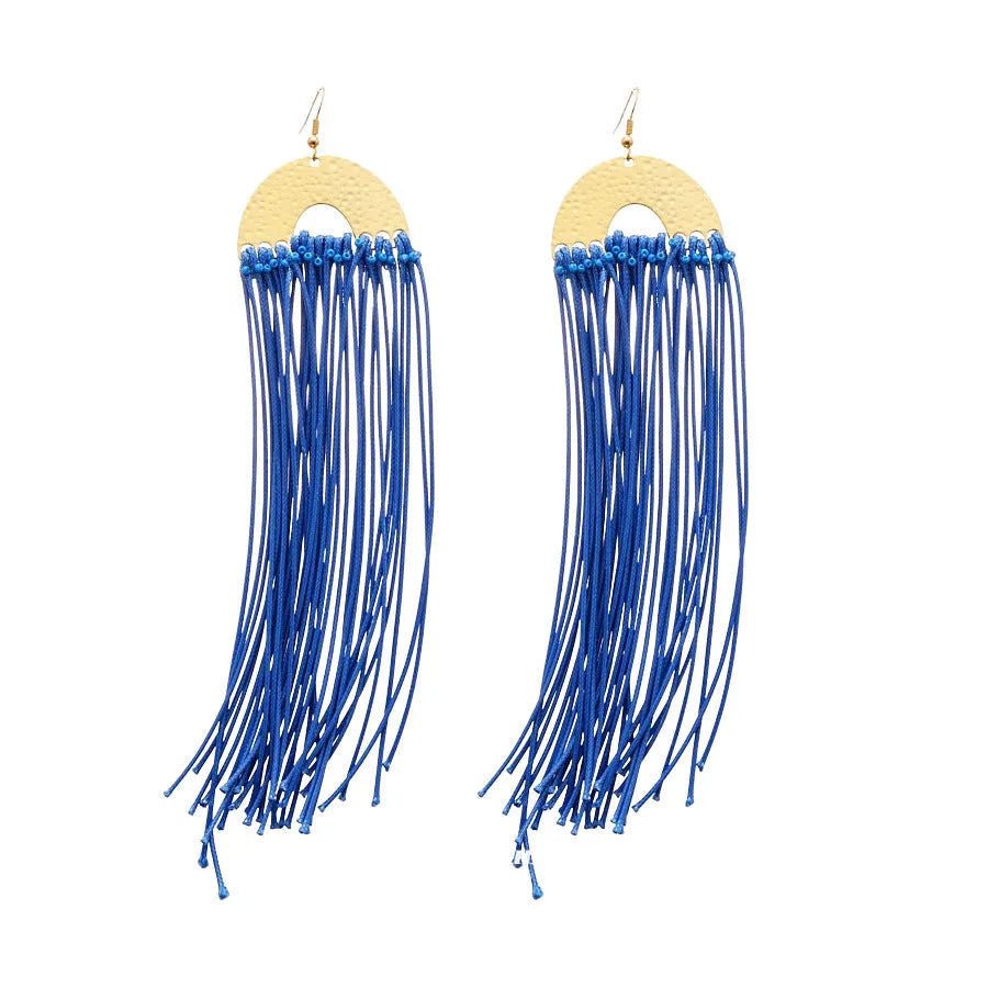 Geometric women's earrings with round elements and silver needle blue resin flower on cloth material