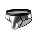 Men's polyester bikini swim briefs in gold, red, silver colours with low waist design