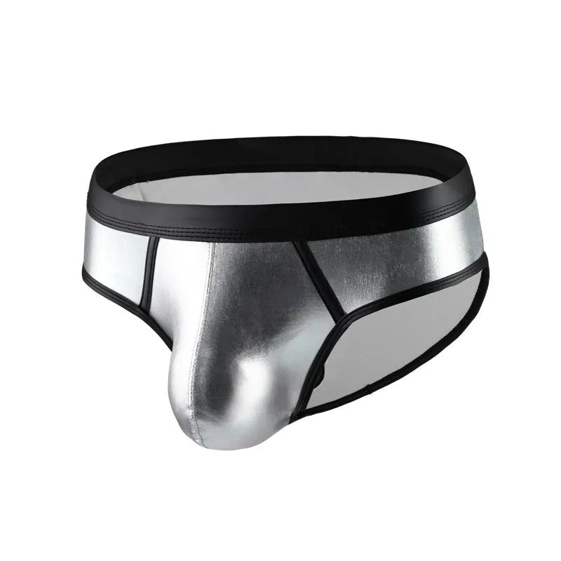 Men's polyester bikini swim briefs in gold, red, silver colours with low waist design
