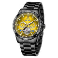 Men's automatic mechanical watch with stainless steel strap on a wrist, showing a grey dial and silver case option.
