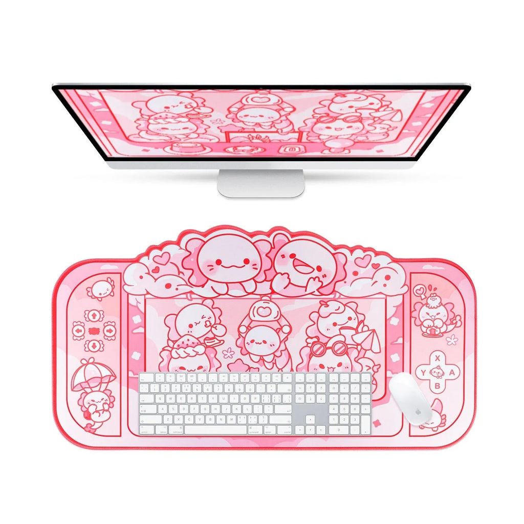 Large rectangular mouse pad with a hexagonal dragon crane cartoon design and an integrated wrist rest.