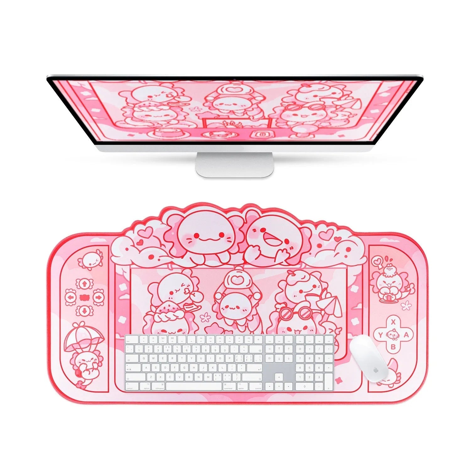 Large rectangular mouse pad with a hexagonal dragon crane cartoon design and an integrated wrist rest.