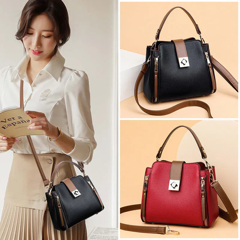 Women's large-capacity PU crossbody bucket bag with three-dimensional outer pocket and splicing detail, shown in black, red, or blue