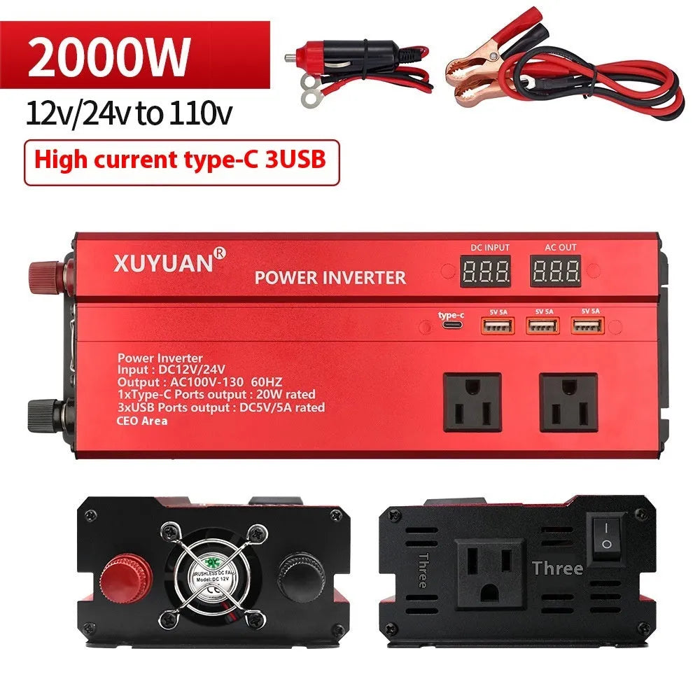 1200W car inverter 12V 24V to 110V US outlet, black or red, 26cm x 10cm x 5.5cm, LED display
