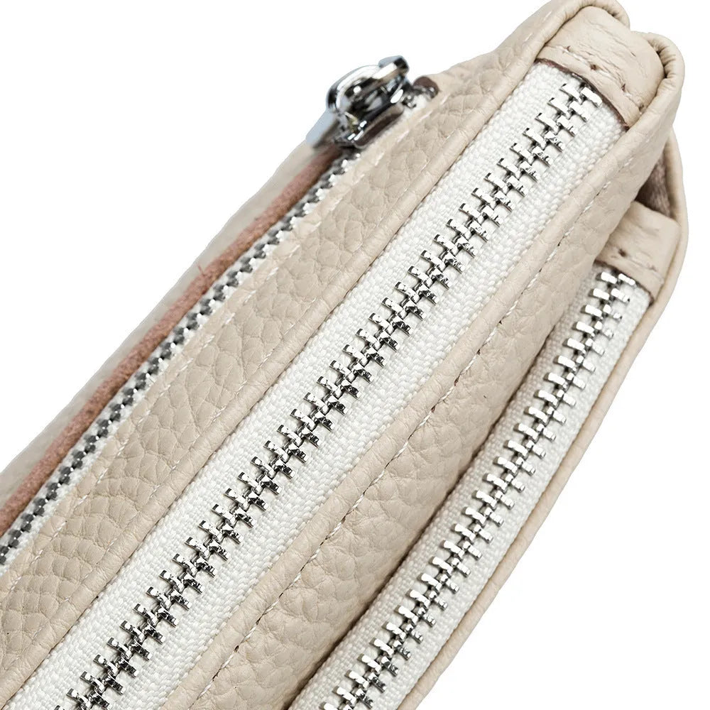 Women's small genuine leather wallet in solid colour with sewing thread detail, retro style, eight colour options available