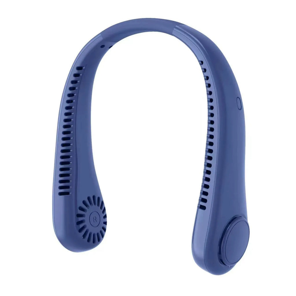 White rechargeable bladeless neck fan hanging around a person's neck showing its hands-free design