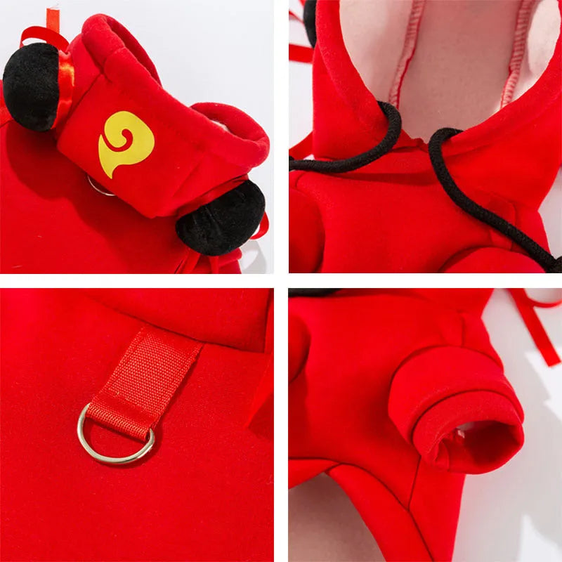Red Nezha style pet hoodie with black meatball decorations and yellow badge on a small dog