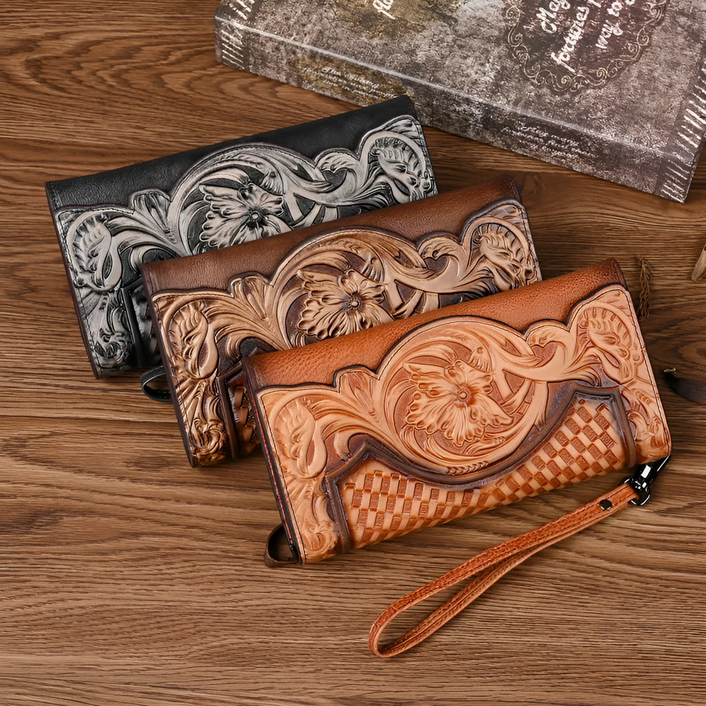 Retro brown tri-fold leather wallet with embossed floral pattern, shown open to reveal multiple card slots and compartments.