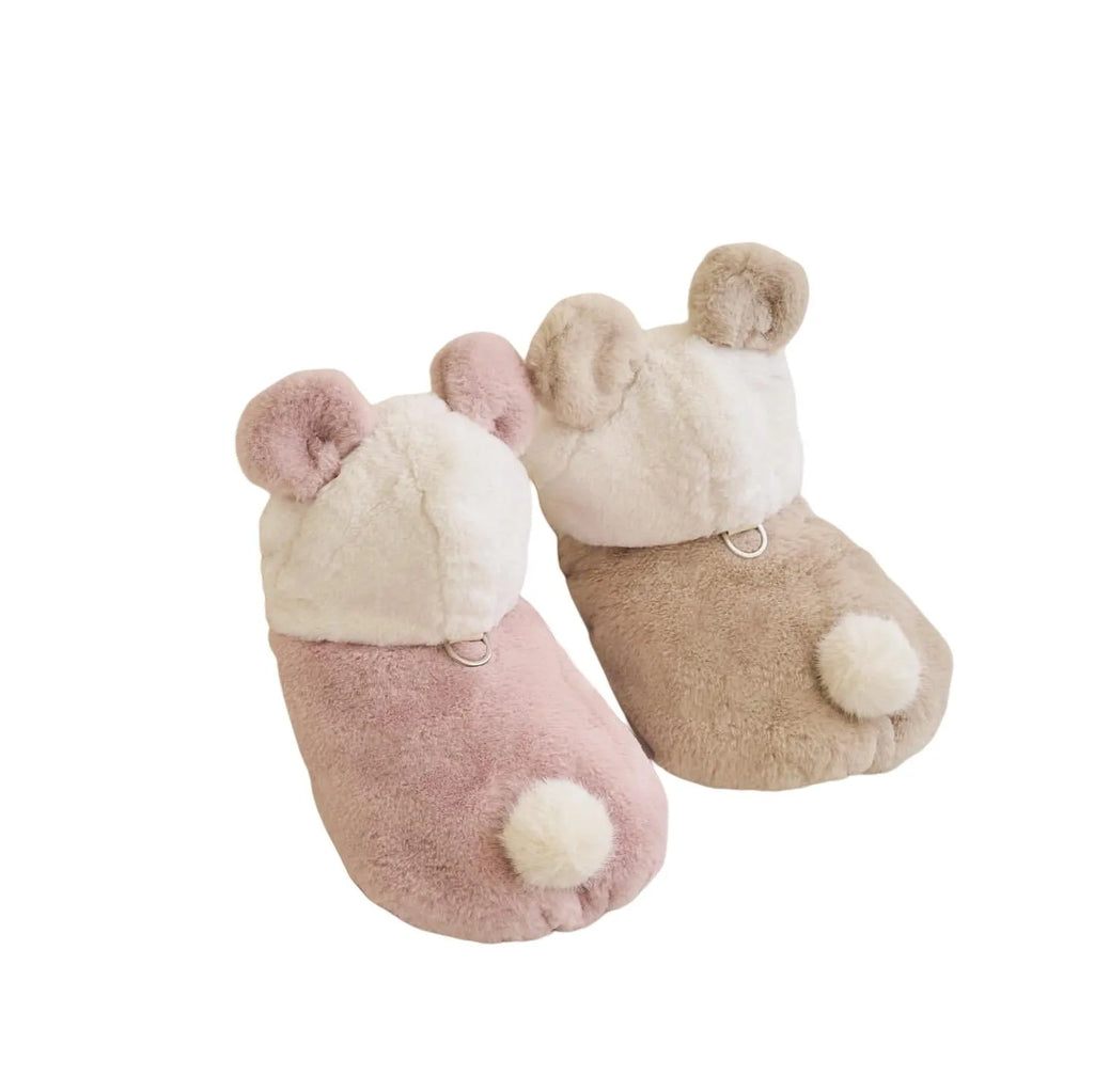Light pink polyester dog coat shown on a pet, with casual styling and size tags for XS to XL.