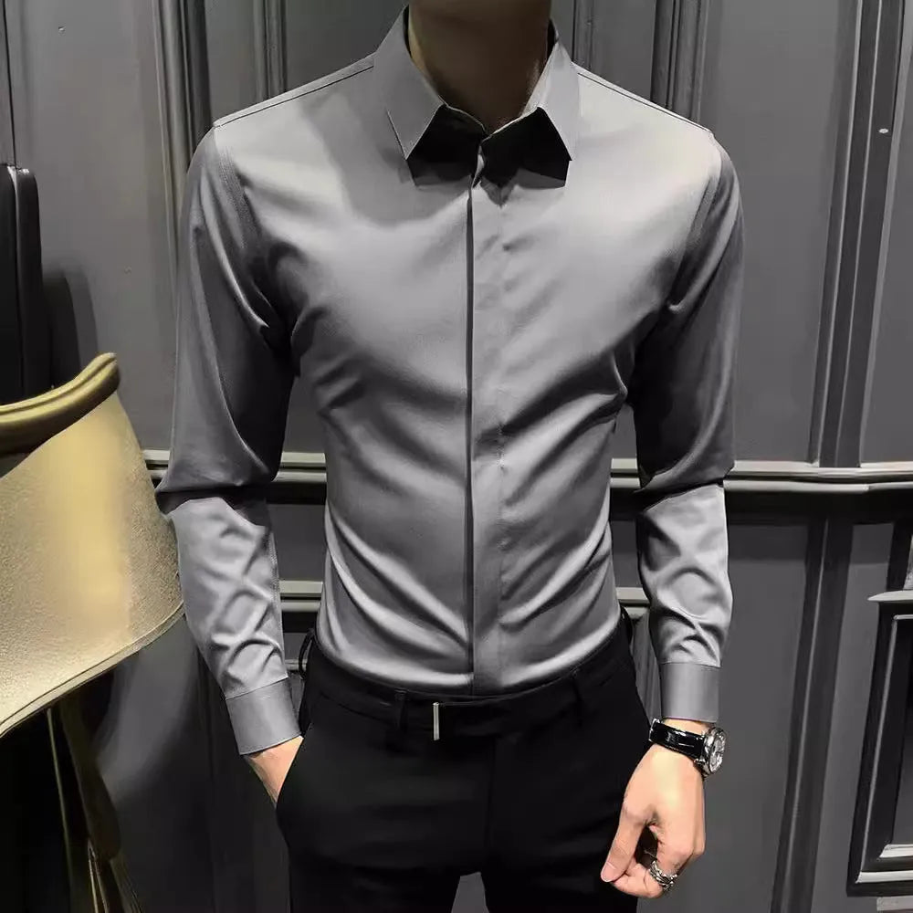 Men's long sleeve business shirt in solid white, black or dark grey, Korean-style cut, sizes M to 3XL