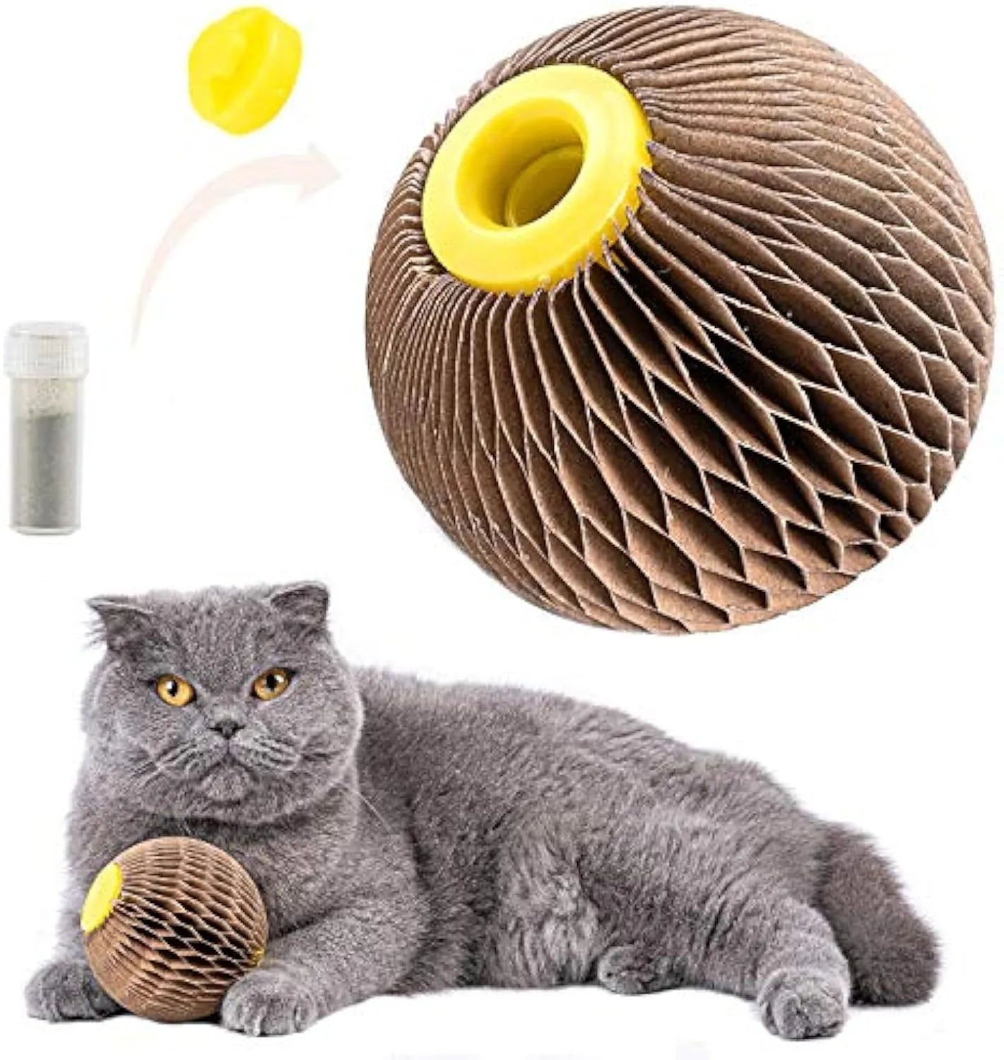 Brown catnip refillable scratch ball made from recycled corrugated paper with natural catnip included, 76mm size, on wooden floor
