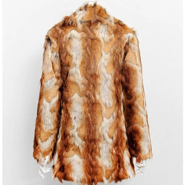 Women's slim-fit faux fur leather jacket featuring a tiger pattern, shown in medium length.