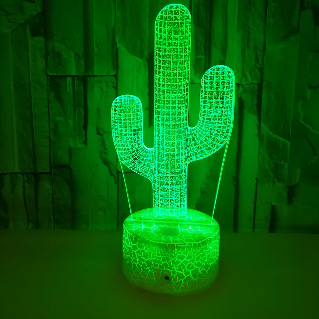 Cactus 3D small night lamp with colourful light, acrylic board, ABS base and USB power supply