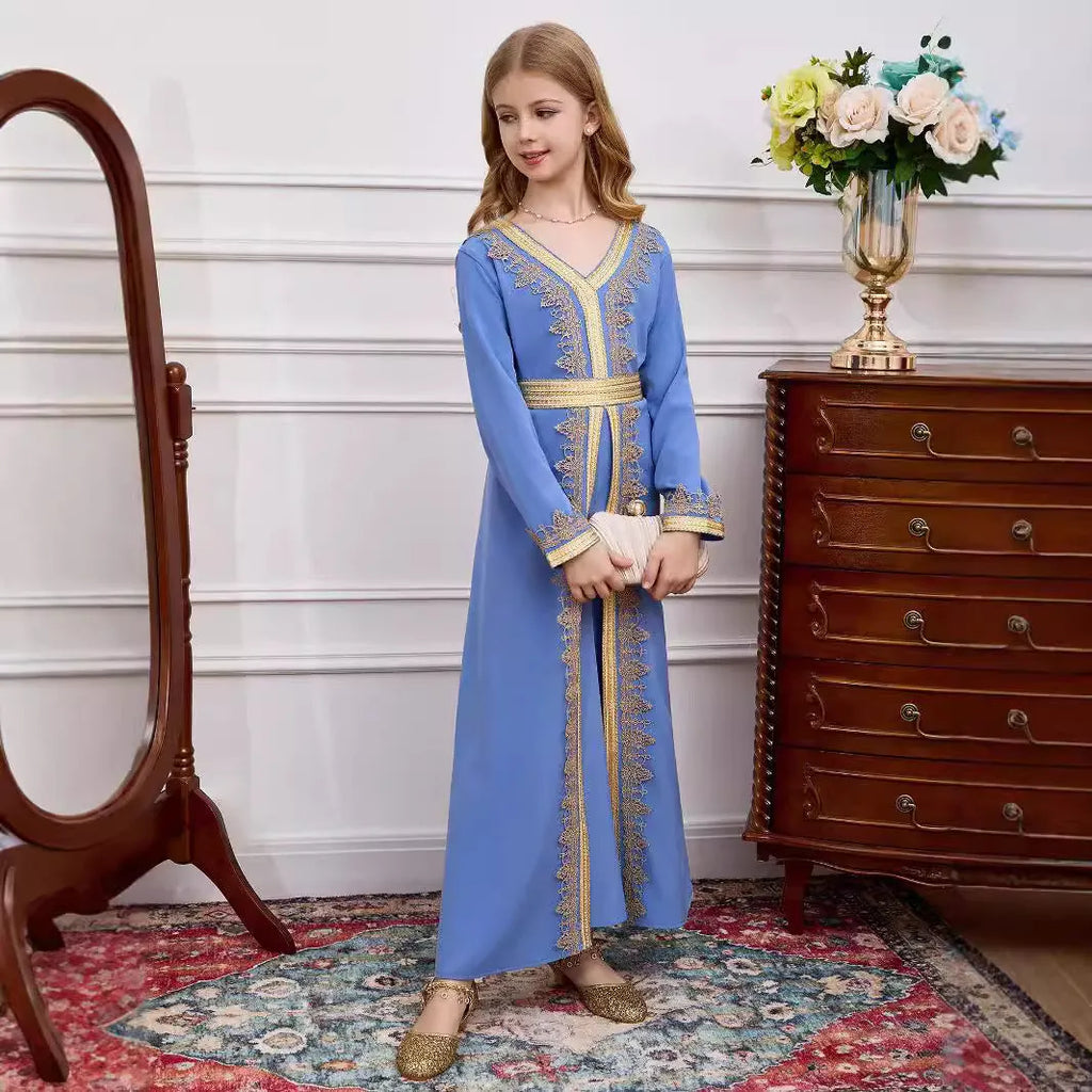 Children's girl lace V-neck dress in ice blue colour, polyester fabric, Dubai style, available in sizes 4Y to 12Y