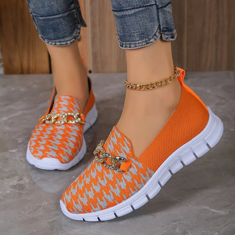 Casual Houndstooth Print Chain Mesh Shoes Summer Walking Sports Flat Shoes Women Breathable Loafers with Metal Detail Rubber Sole Low Heel Platform Round Toe