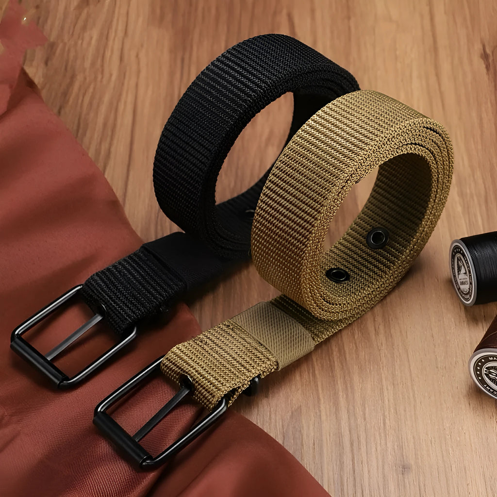 Outdoor leisure thin plastic pin buckle belt in black with iron buckle, less than 2cm wide.