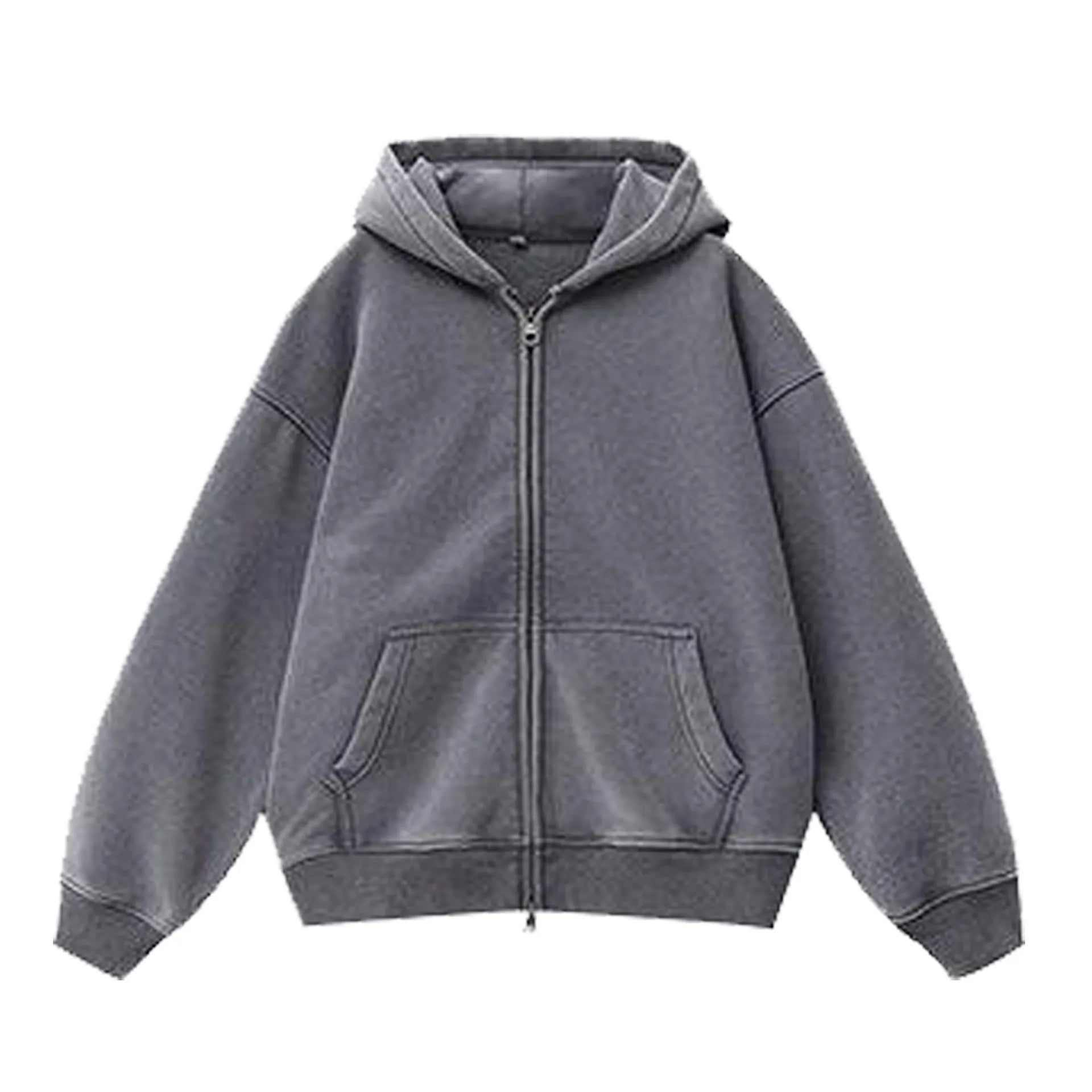 A women's loose-fit hooded cardigan sweater in a distressed colour, showing patch pockets and drop-shoulder sleeves.
