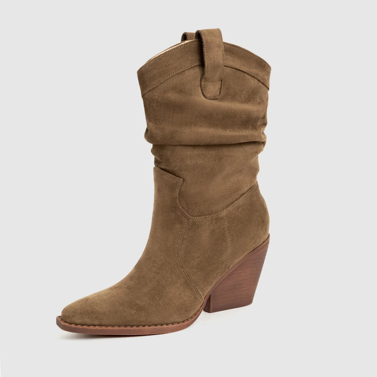 Brown thick heel women's ankle boots with pointed toe and belt buckle