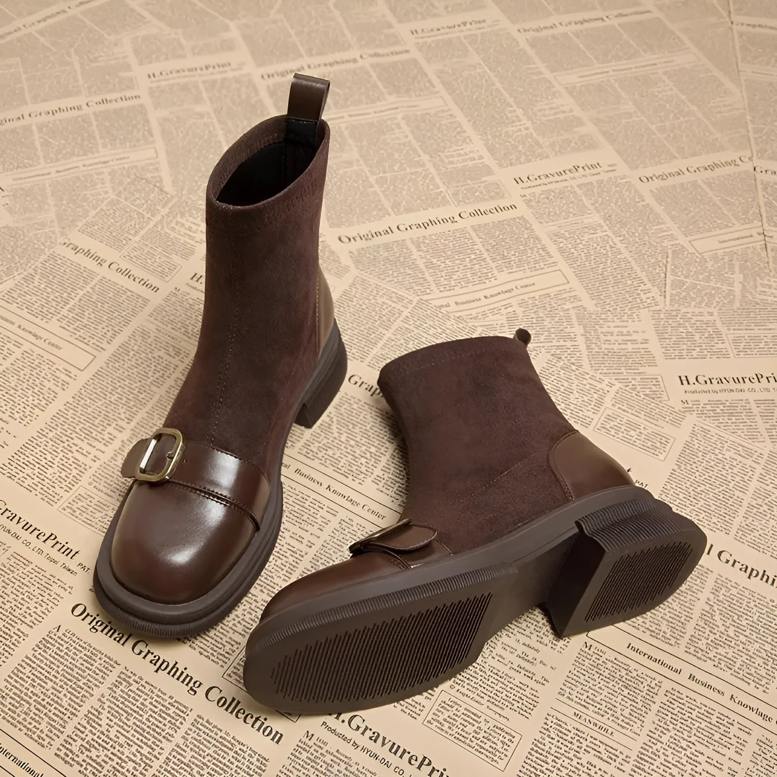 Retro British style brown sock boots for women with block heel, leather splicing, belt buckle, and round toe
