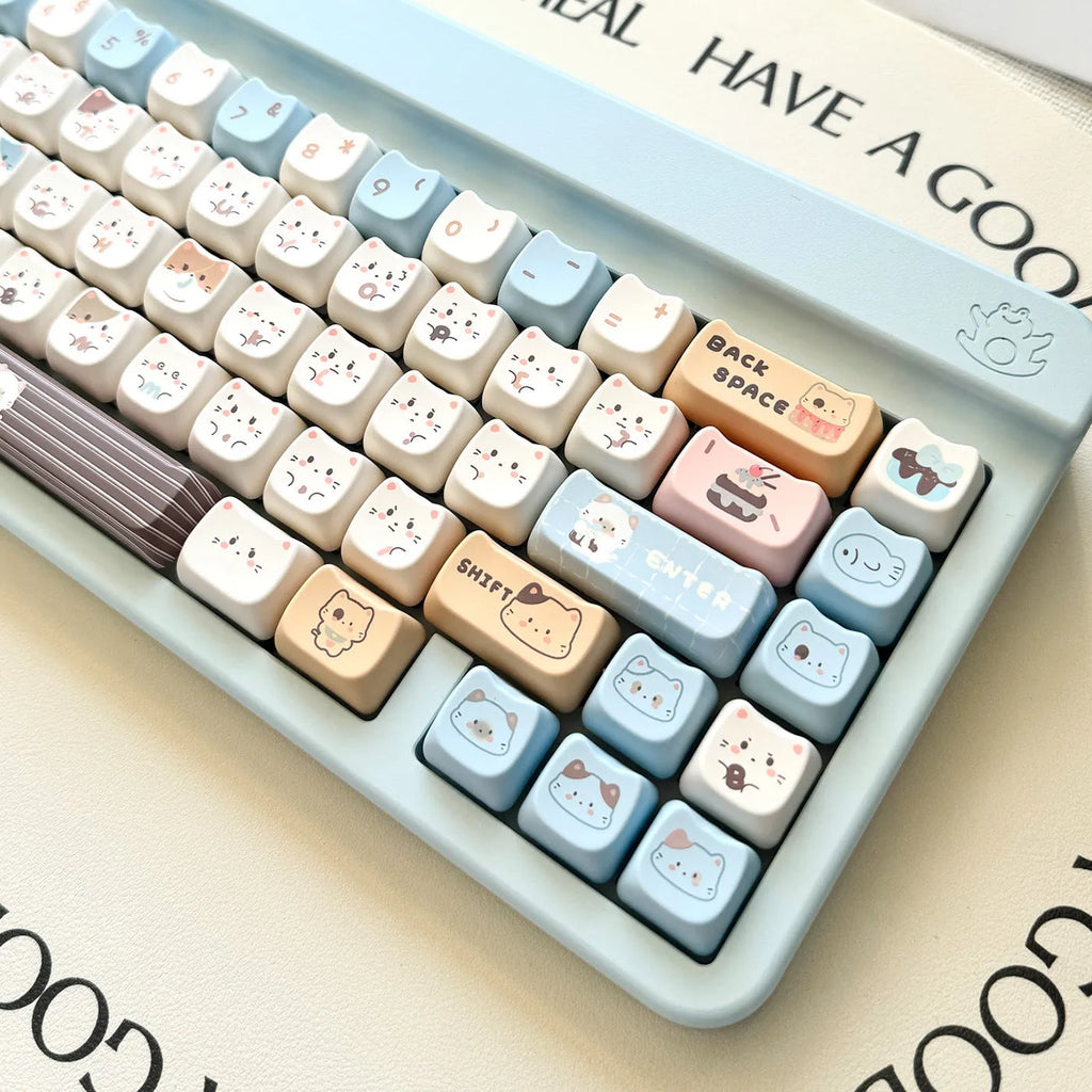 High Sea Salt Cat themed PBT keycap set for mechanical keyboards on a grey background.