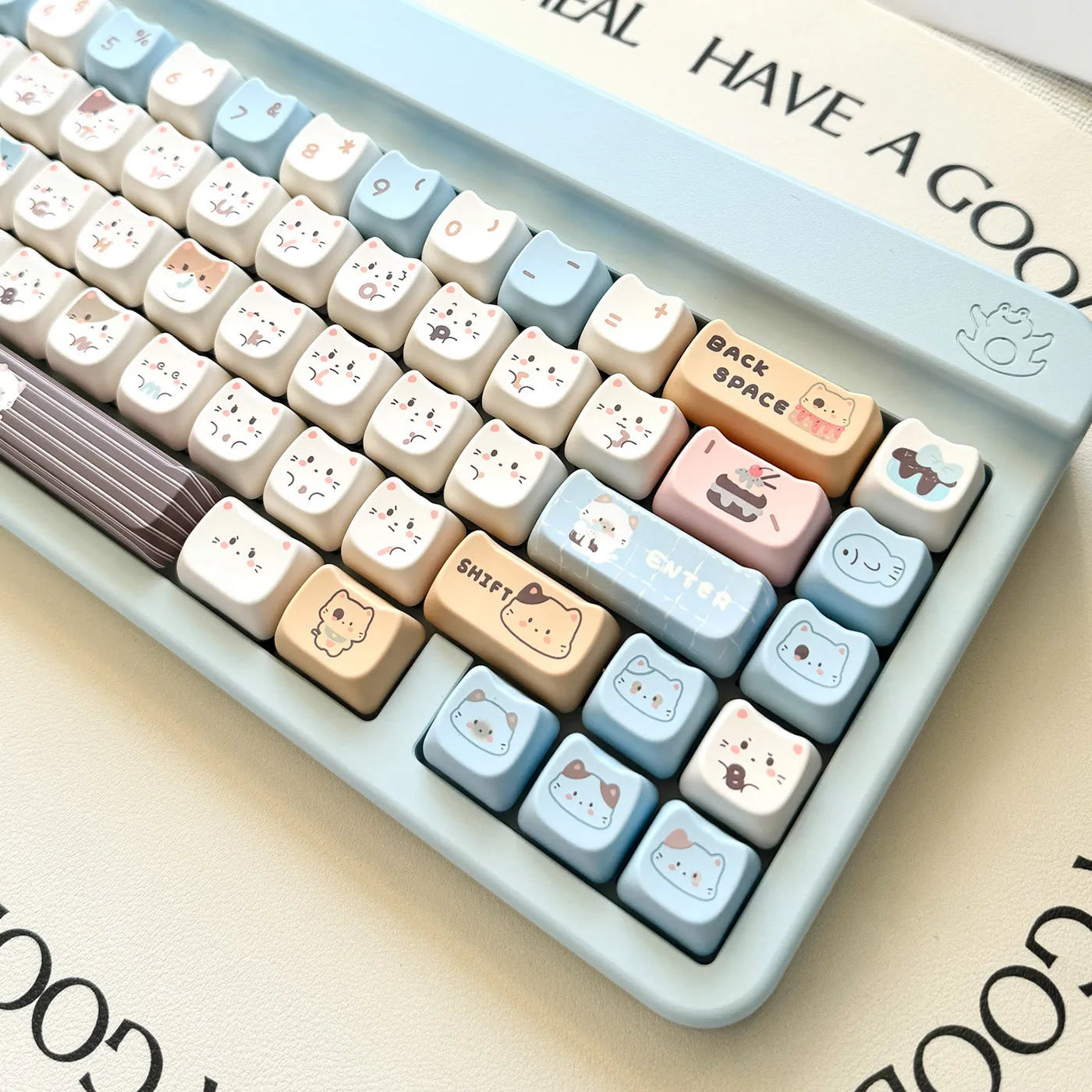 High Sea Salt Cat themed PBT keycap set for mechanical keyboards on a grey background.