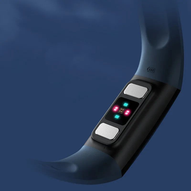 Y6 Black smart health bracelet with 1.1-inch screen on a wrist, showing blood pressure and heart rate data display.