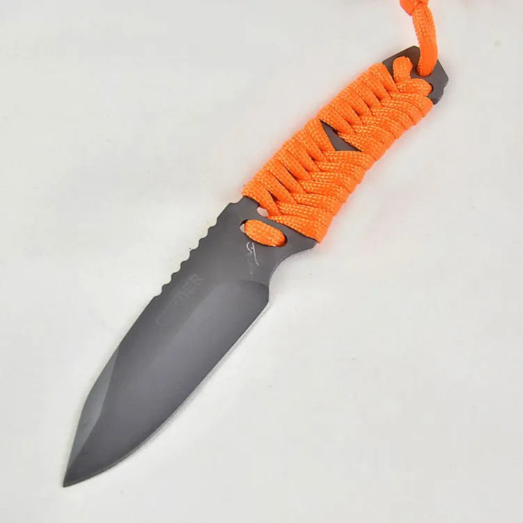Outdoor camping survival knife with straight blade, rope handle, and ABS protective sheath