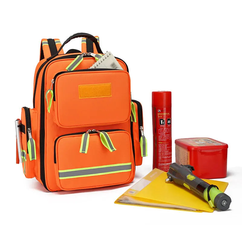 Large capacity empty first aid kit backpack in orange, made from waterproof Oxford cloth with reflective strips and multi-layer storage