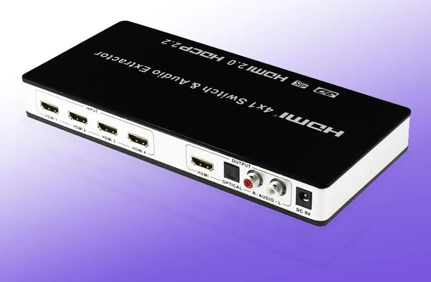 Black HDMI switch unit with four input ports, remote control, and 10m cable for video switching