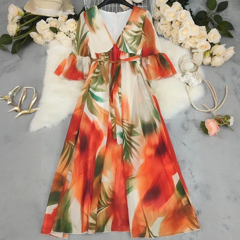 Women's geometric print high waist large swing long dress in polyester fabric, available in multiple colours and sizes S to 2XL