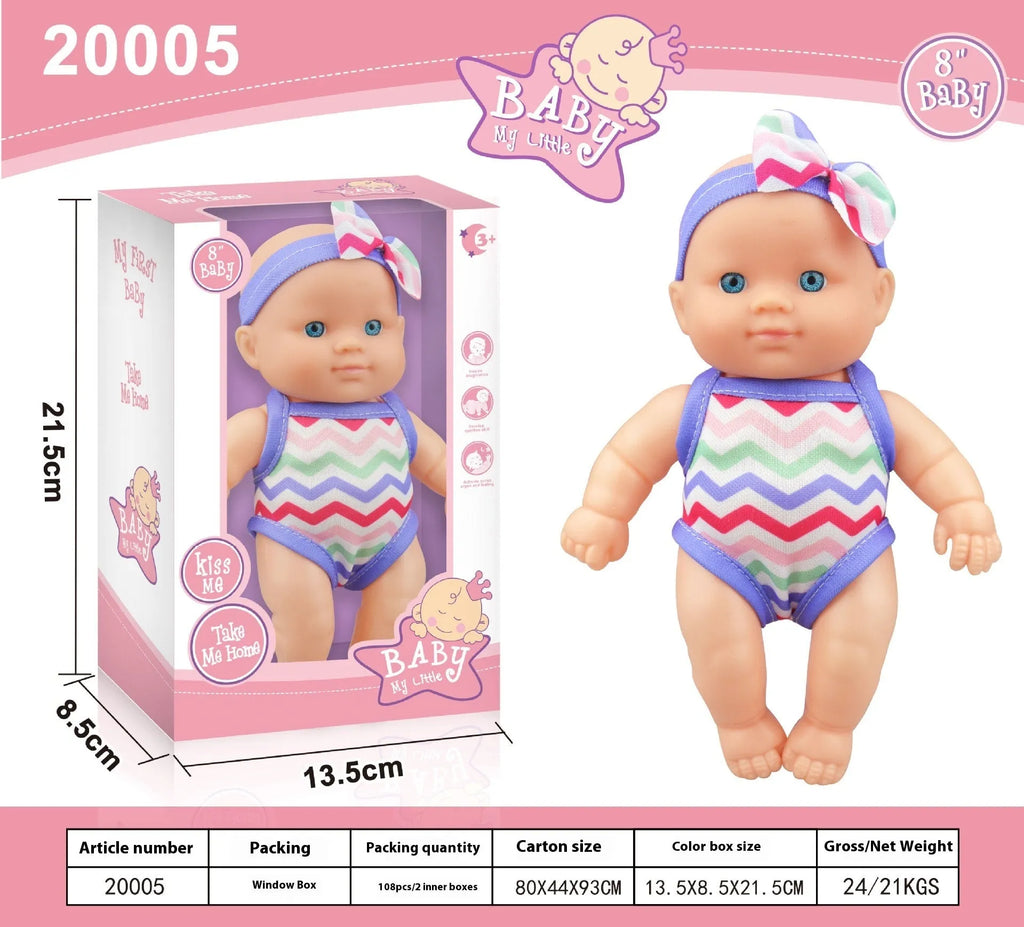 Vinyl baby figurine doll in display with colour variations and measurement scale