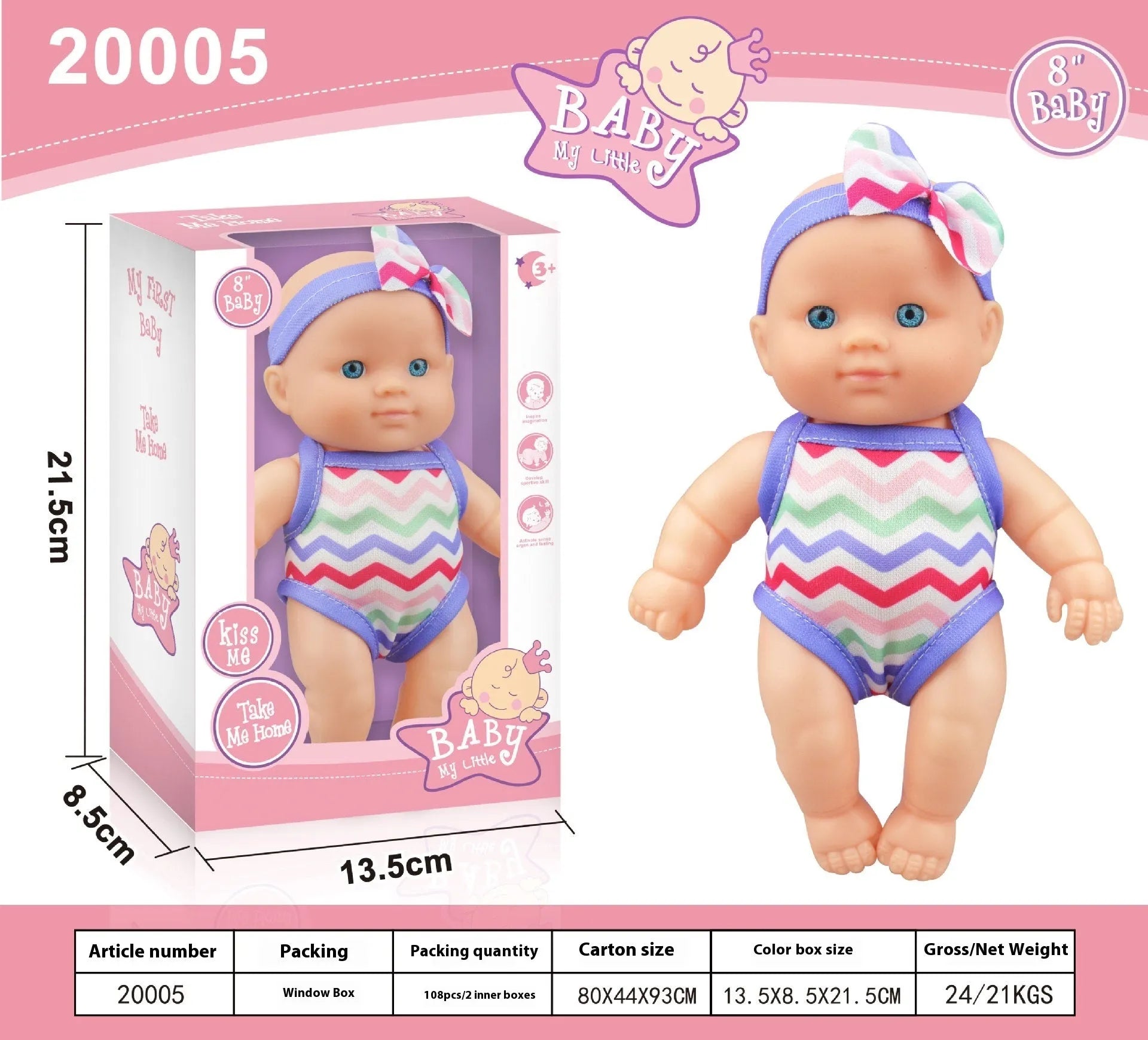 Vinyl baby figurine doll in display with colour variations and measurement scale