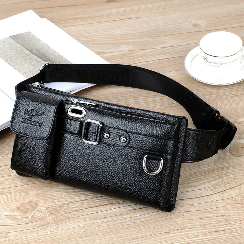 Men's leather waist bag, first layer cowhide, 27cm wide, black, with zipper and buckle closure.