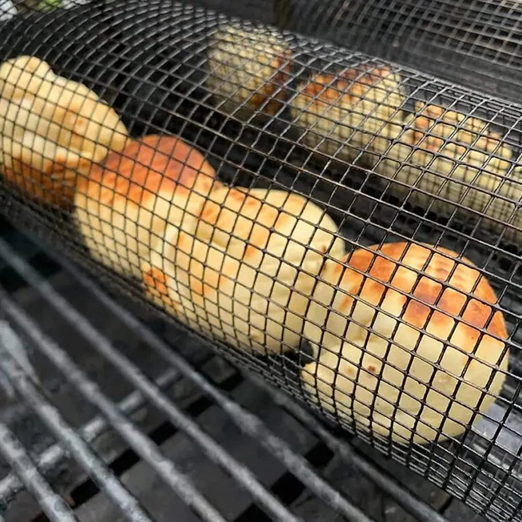 Stainless steel rolling BBQ grill basket with mesh cylinder design for vegetables meatballs