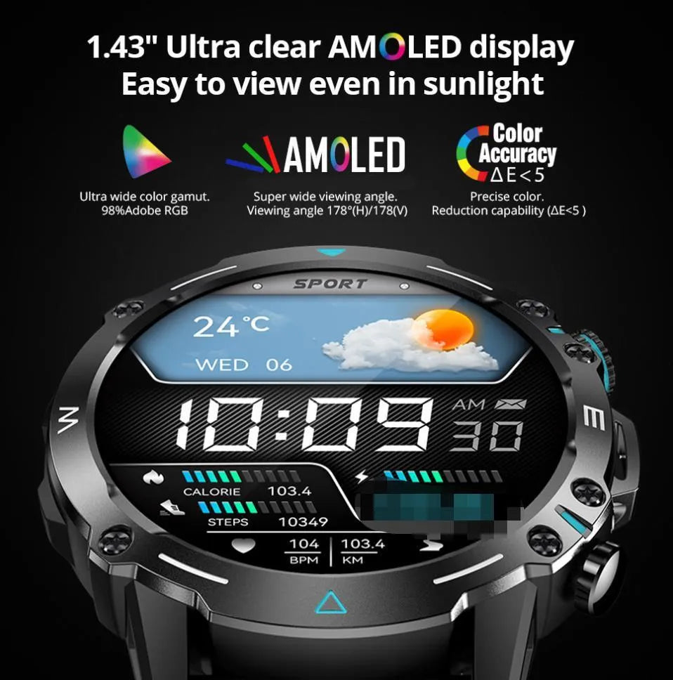 M42 smart watch in black, grey, or green with large AMOLED screen and IP68 waterproof rating.