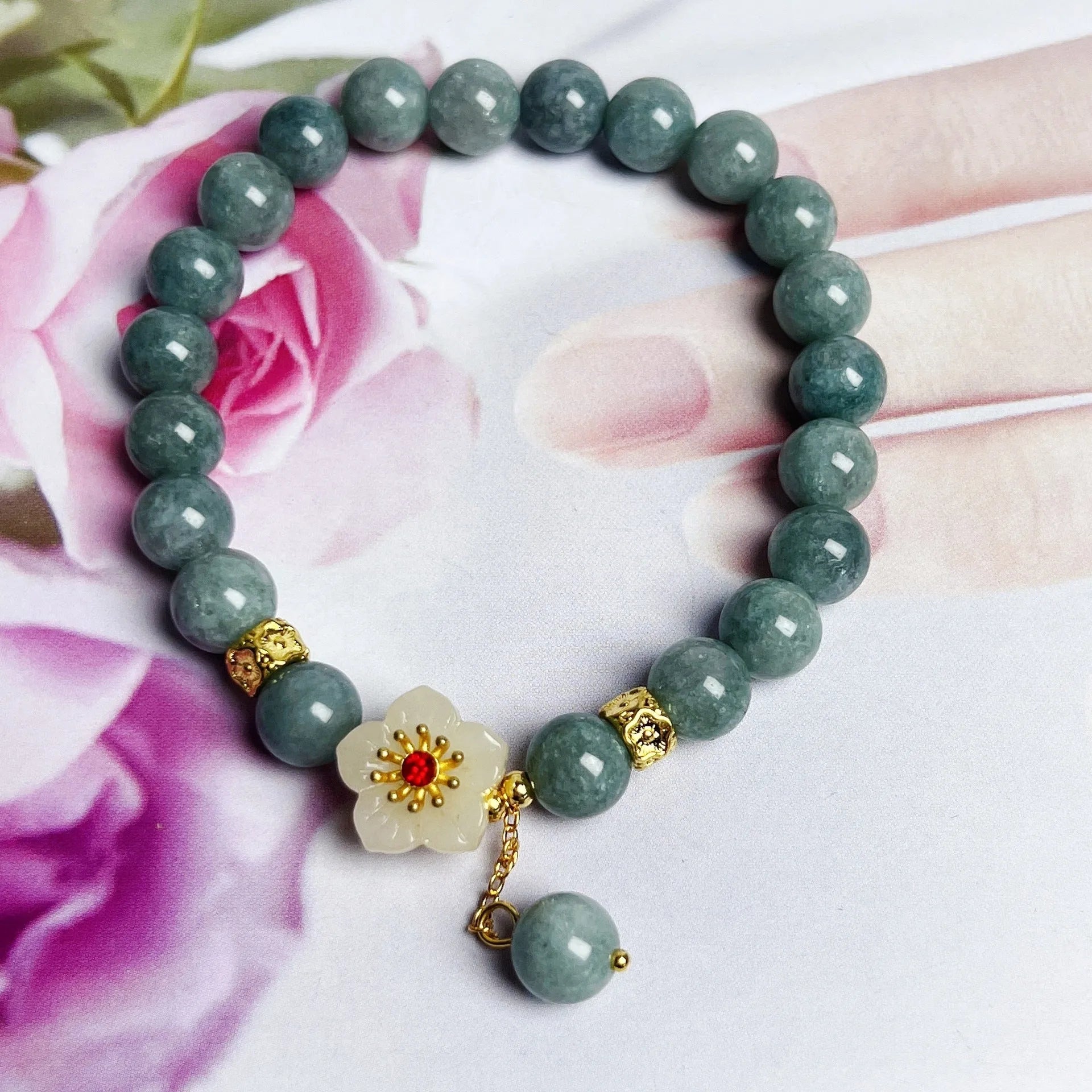 Women's adjustable jade bracelet with rope closure in retro style