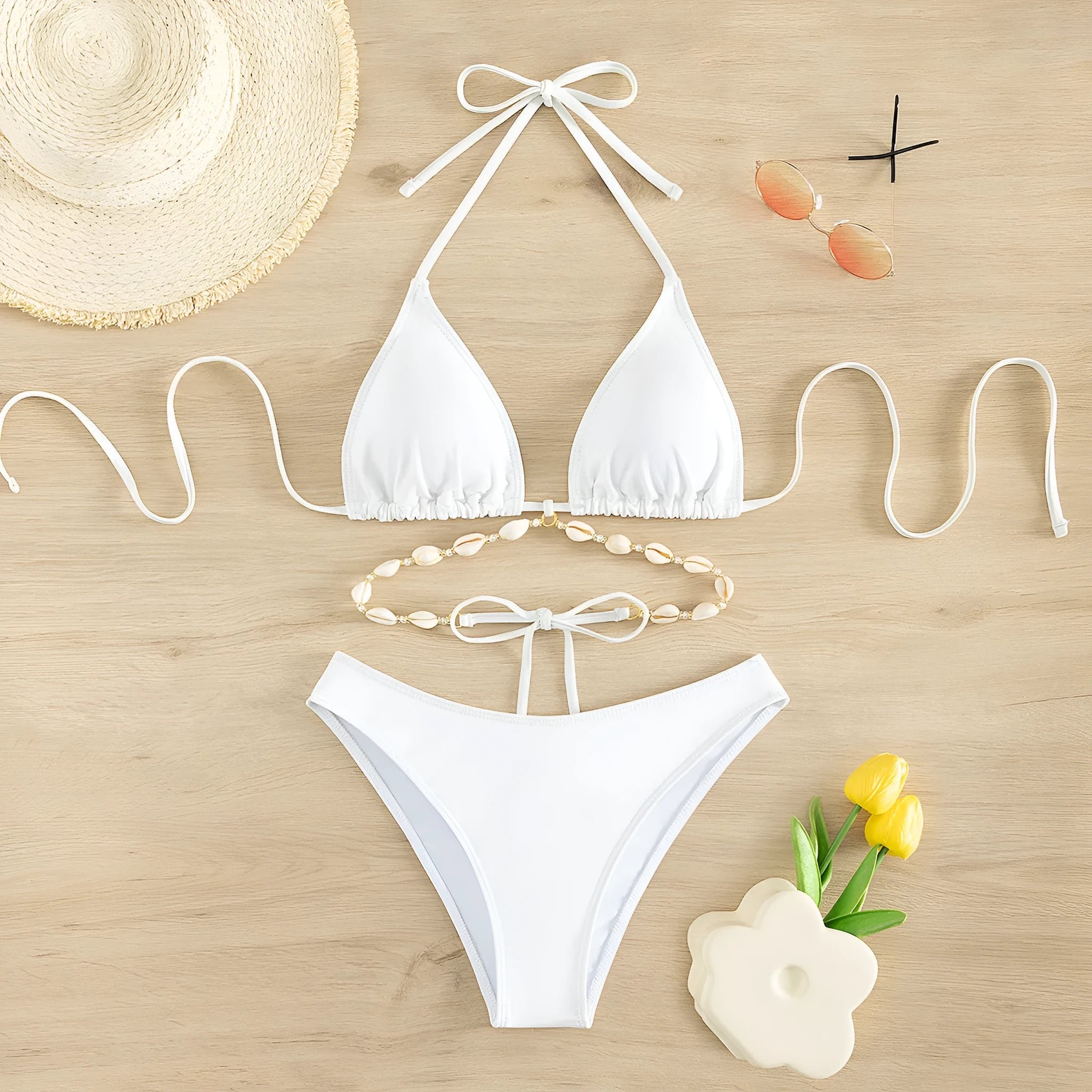 Women's solid colour halter lace-up bikini swimsuit in white or black