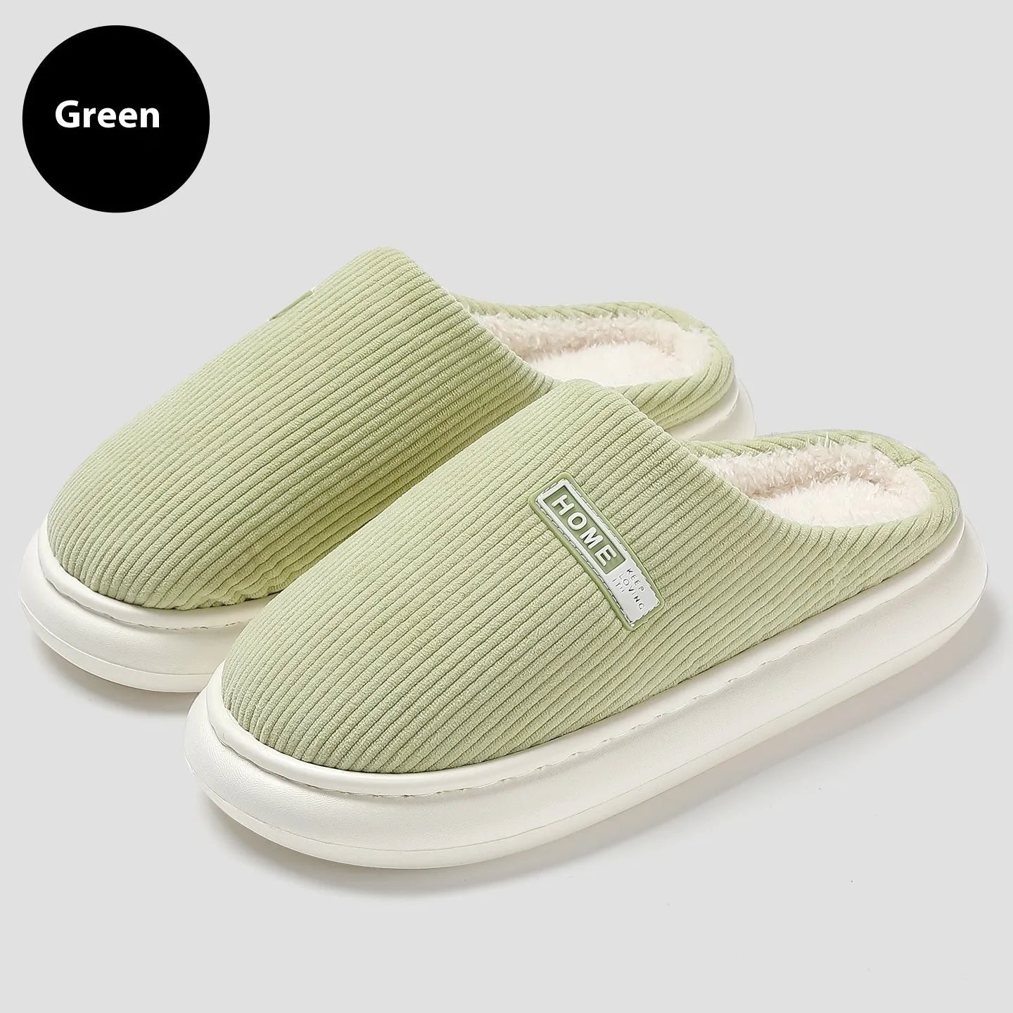 Plush non-slip cotton slippers with striped pattern and EVA sole in gray, green, pink, dark blue, and white
