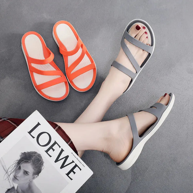 Women's solid colour casual sandals with a PP upper, shown in red, purple, blue, black, grey, or pink.