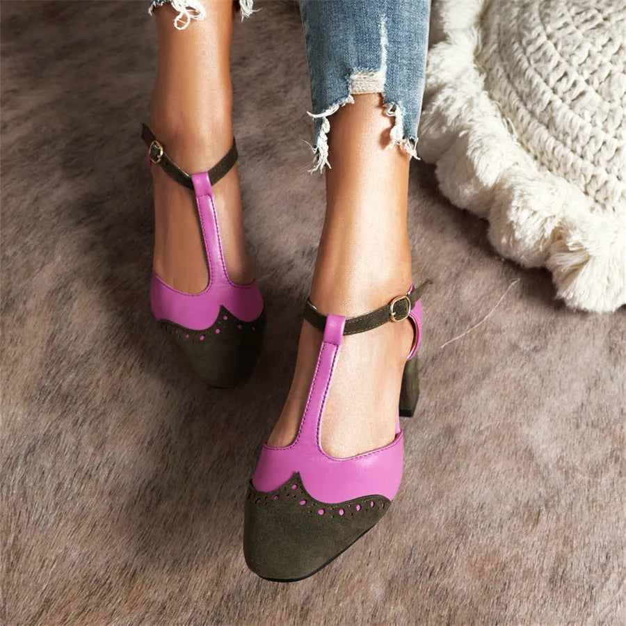 Women's two-tone T-strap high-heel sandals in green and purple with buckle fastening and round toe