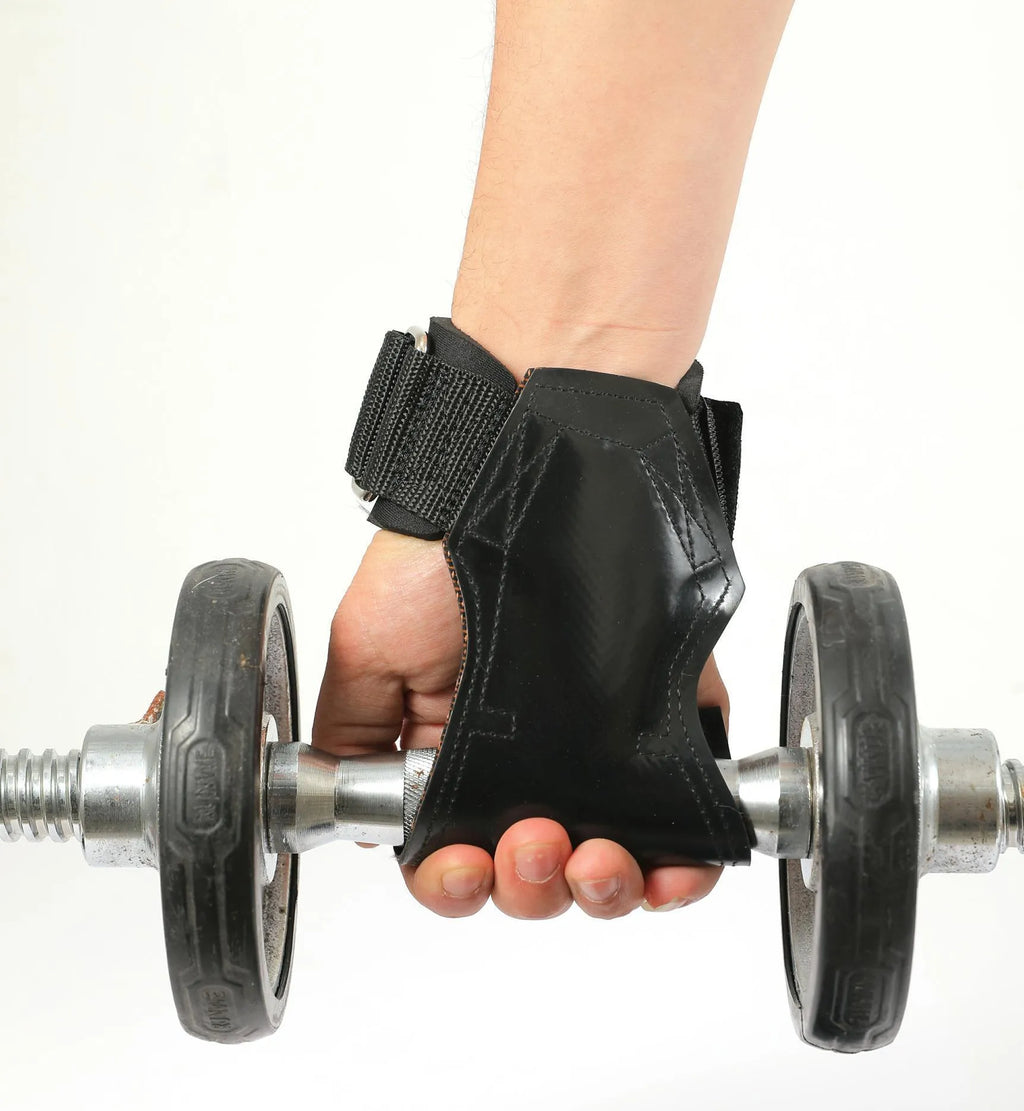 Black rubber palm protector with an assist strap for weightlifting and rock climbing.