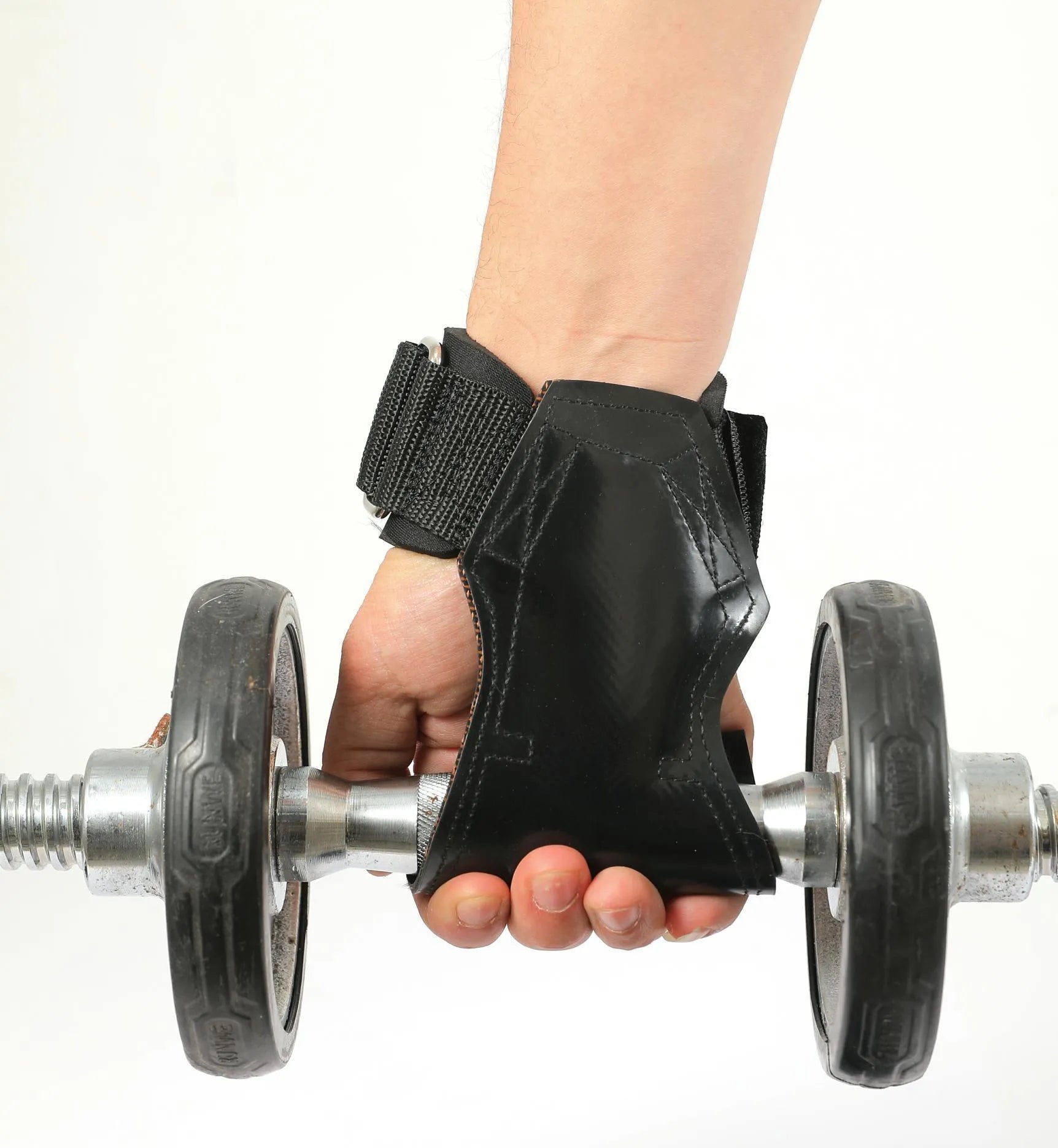 Black rubber palm protector with an assist strap for weightlifting and rock climbing.