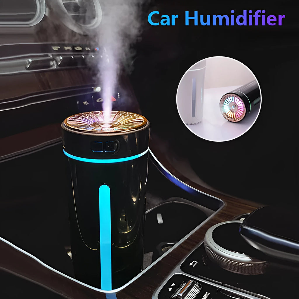 Black USB rechargeable car humidifier with colourful lights showing mist output, sized for cup holders