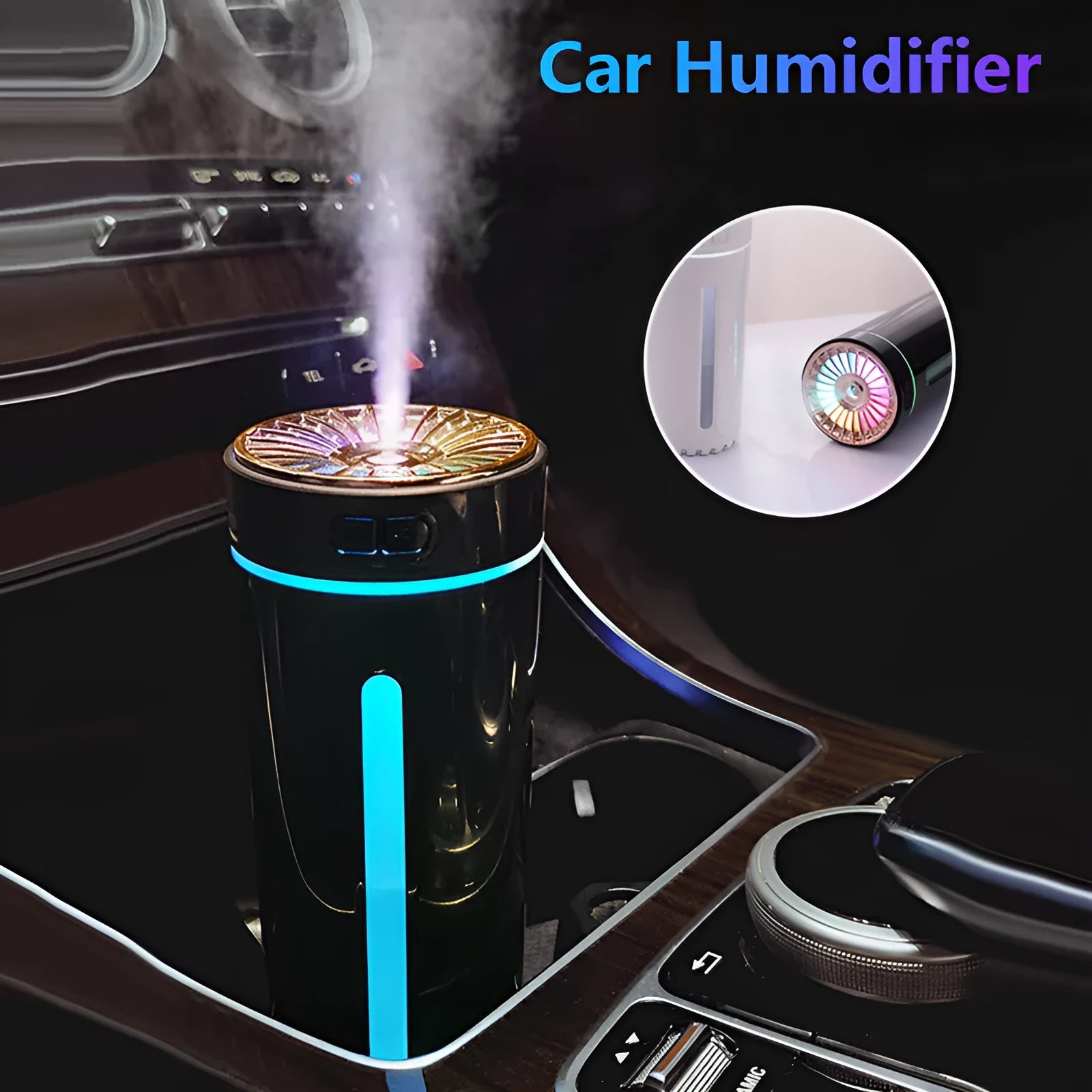 Black USB rechargeable car humidifier with colourful lights showing mist output, sized for cup holders