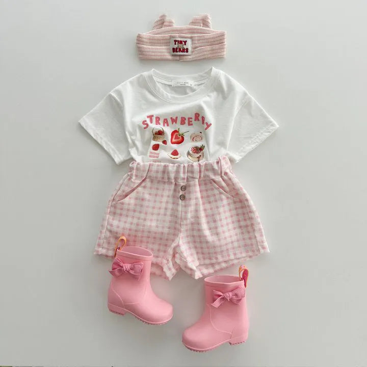 Children's cotton short sleeve top with cartoon strawberry food pattern in white or brown, sizes 80cm to 130cm