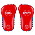 A pair of children's hanging boxing leg target pads in red PU foam for martial arts training.