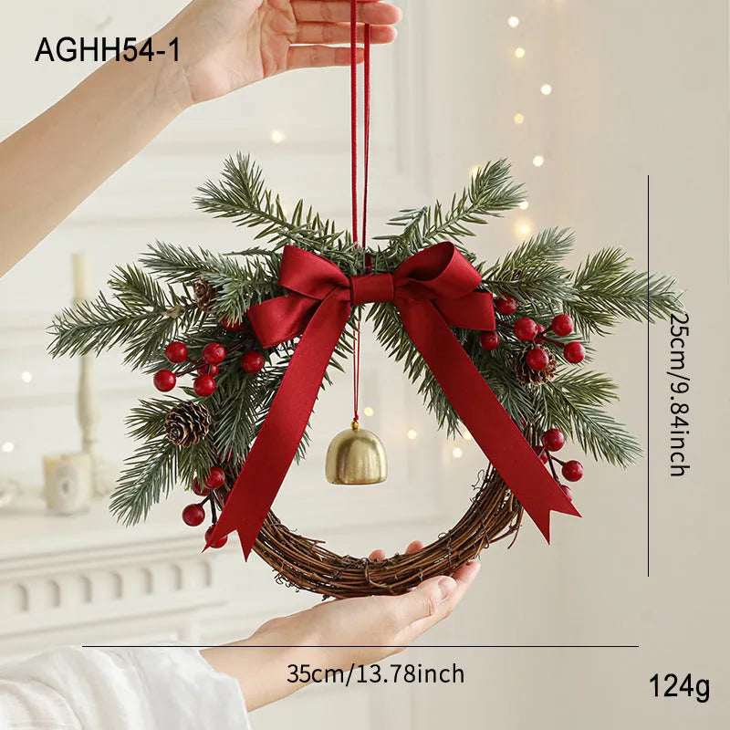 New Christmas rattan plaited garland with bell, bow, and Stranvaesia davidiana berries in light luxury style on a dark background
